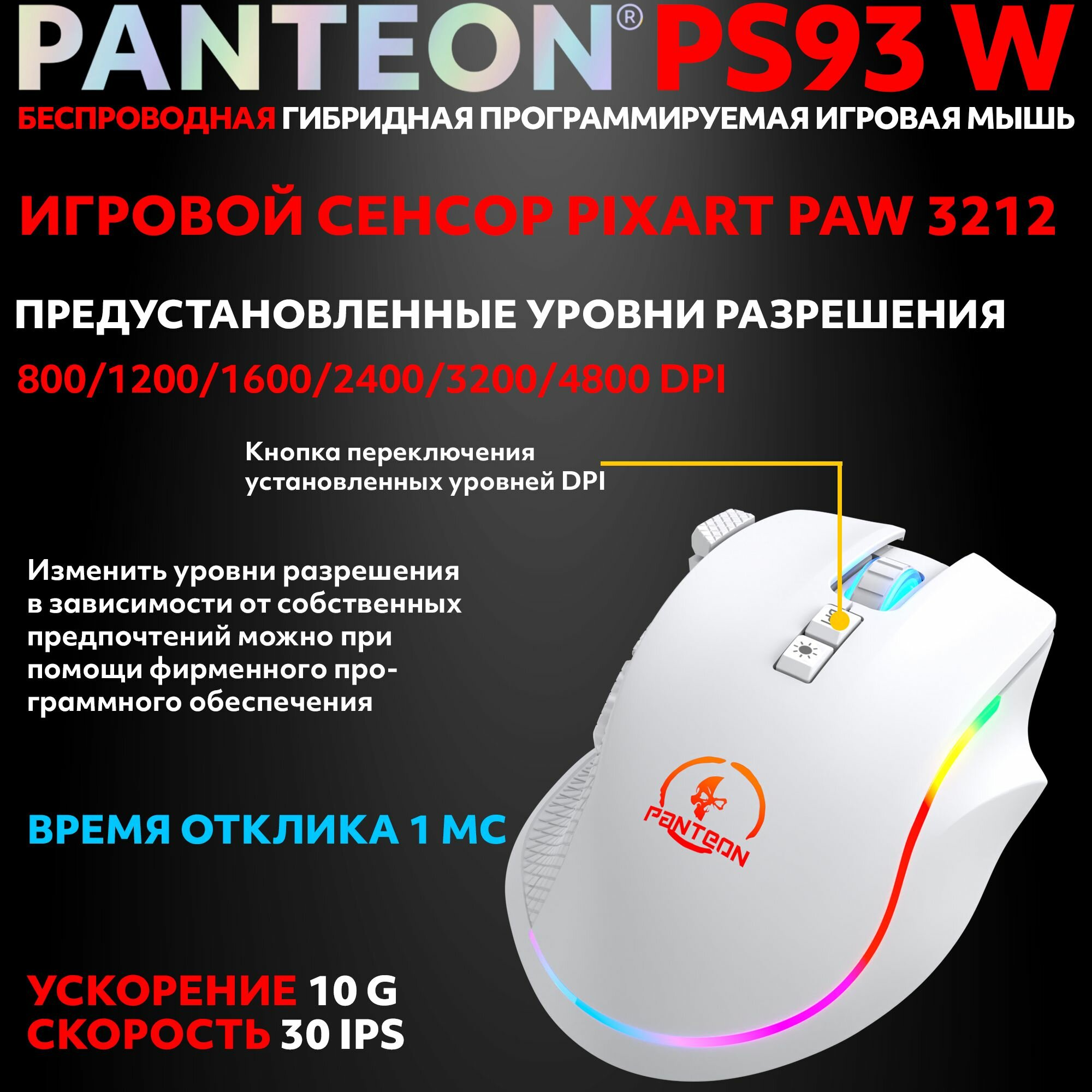 Игровая мышь PANTEON PS93, беспроводная, подсветка, 4800dpi, 8 программируемых кнопок — фото 1