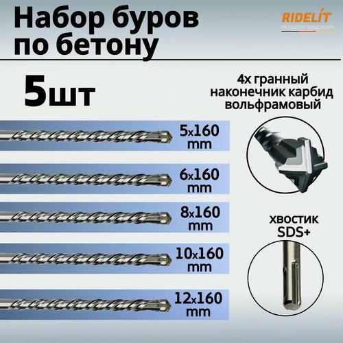 Набор Буров 5,6,8,10,12*160 mm SDS plus (5 шт.) усиленных четырехрезцовых по бетону