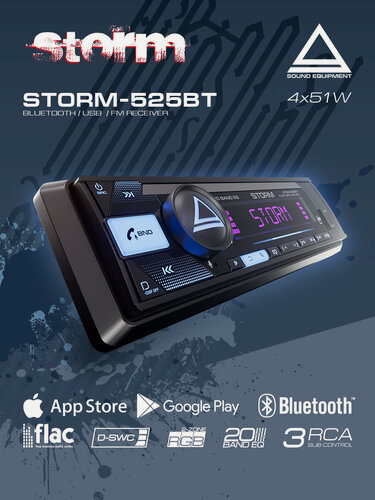 Изображение товара Магнитола автомобильная ресивер AurA STORM-525, 1DIN, поддержка USB и Bluetooth, 3 пар RCA
