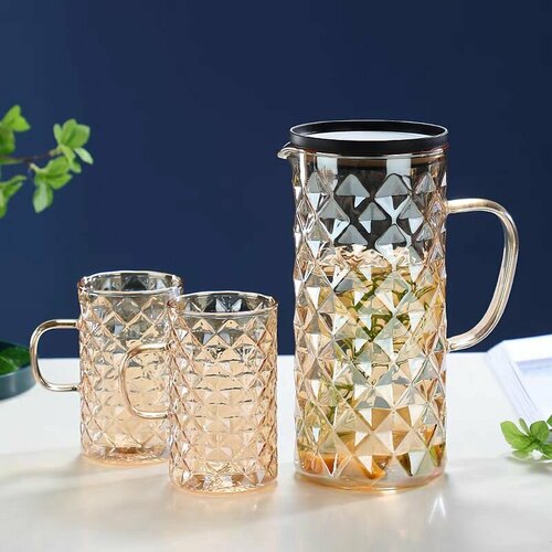 Набор Кувшин с 4 мя стаканами янтарного цвета из термоупрочненного стекла узор ромб 2041₽