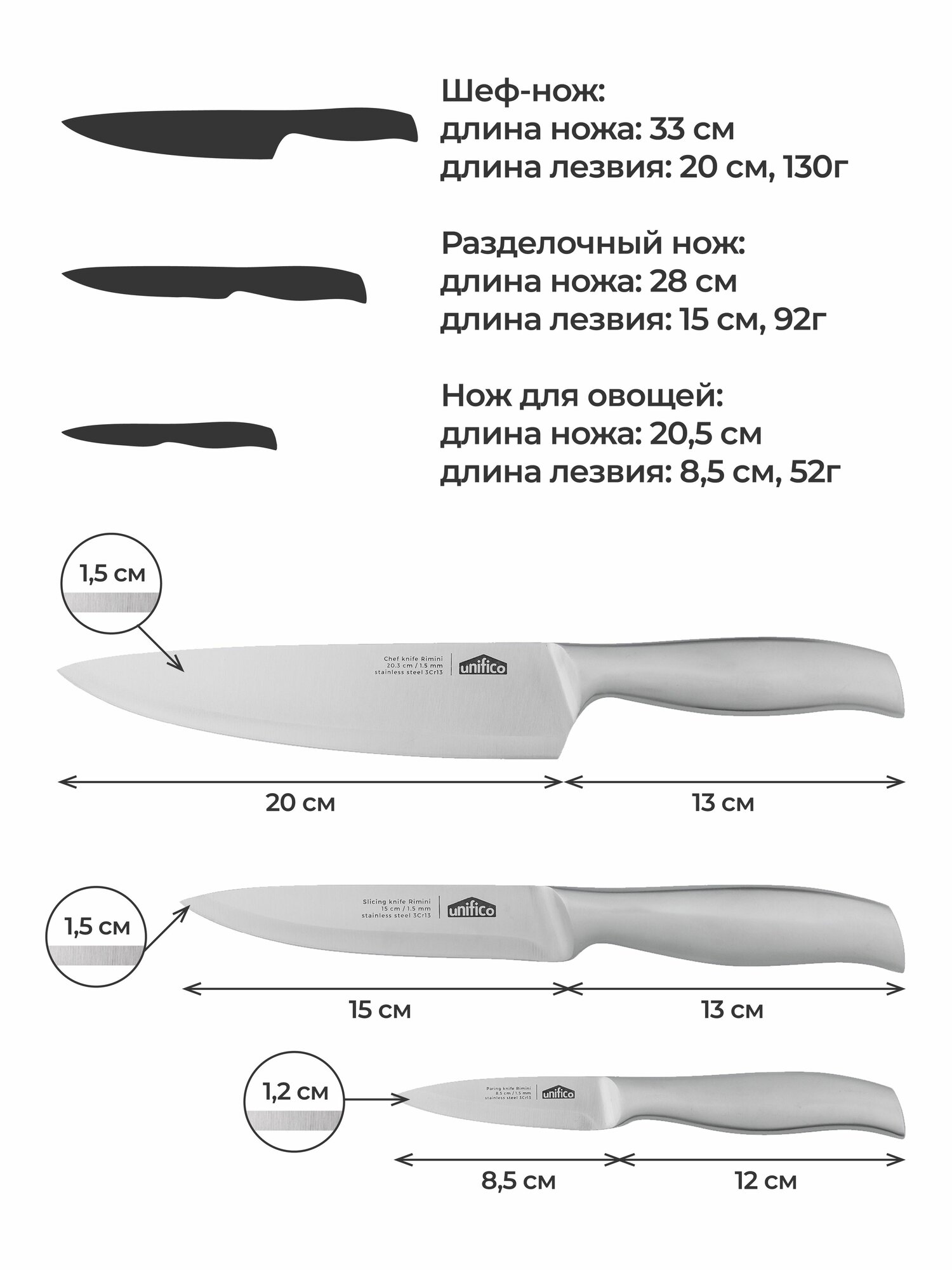 Набор ножей кухонных 3 шт. (литые) Unifico Rimini (шеф нож, универсальный нож, нож для чистки овощей) — фото 1