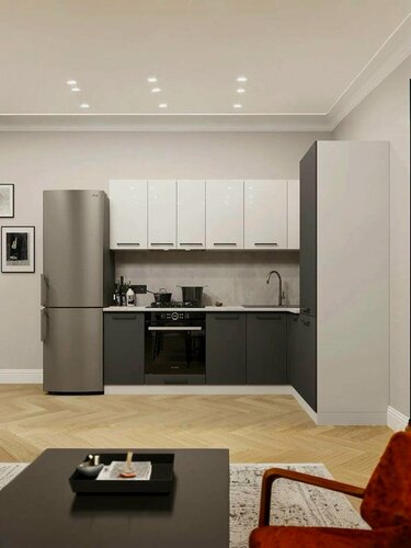 Изображение товара Модульная кухня угловая ЛДСП 2,4х1,6м белый глянец/графит со столешницей и модулем под духовой шкаф мебельный РАЙ У3.2