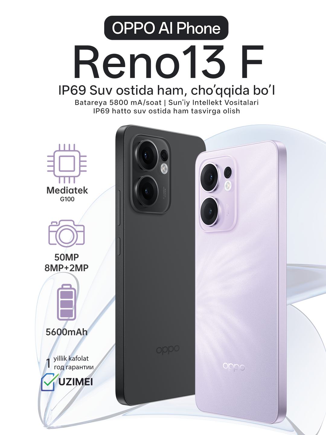 Смартфон Oppo Reno 13F 8/256GB, Graphite Grey (Cерый), Dual nano sim, 1 год гарантии