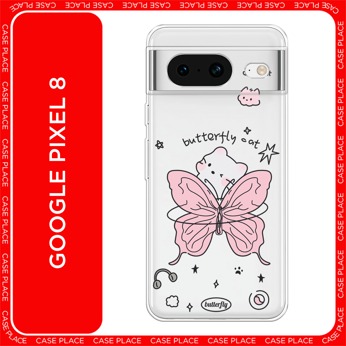 Чехол на Google Pixel 8 / Гугл Пиксель 8 с принтом Котик-бабочка, прозрачный