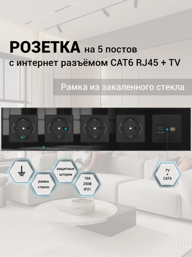 Изображение товара Розетка ТВ и интернет 5 постов, антенна ТВ/компьютер RJ-45 CAT6, рамка закаленное стекло 366*82*8 мм, цвет черный