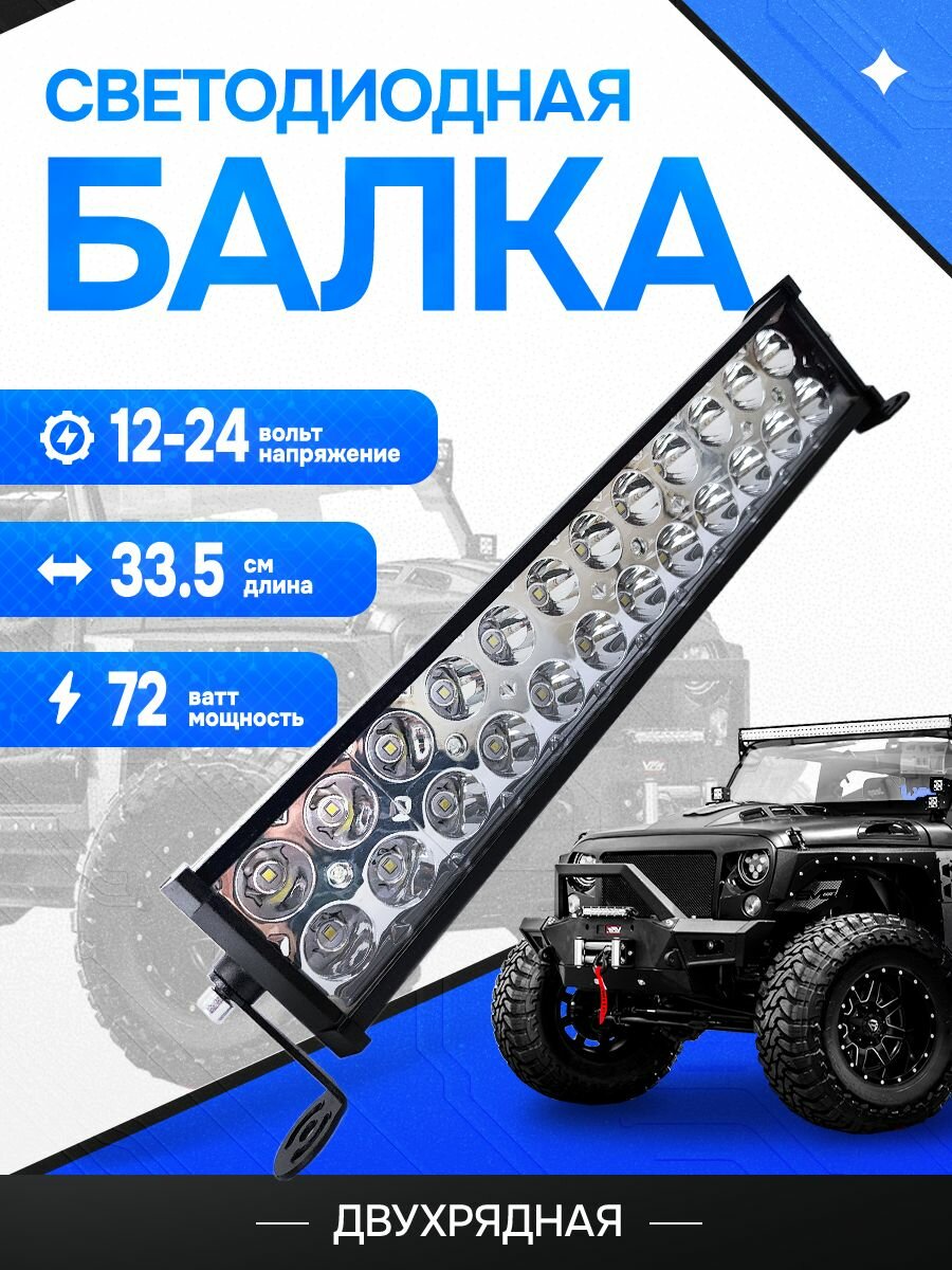 Светодиодная балка на автомобиль дальнего света 33 см, мощностью 72 Ватт на крышу 12-24v