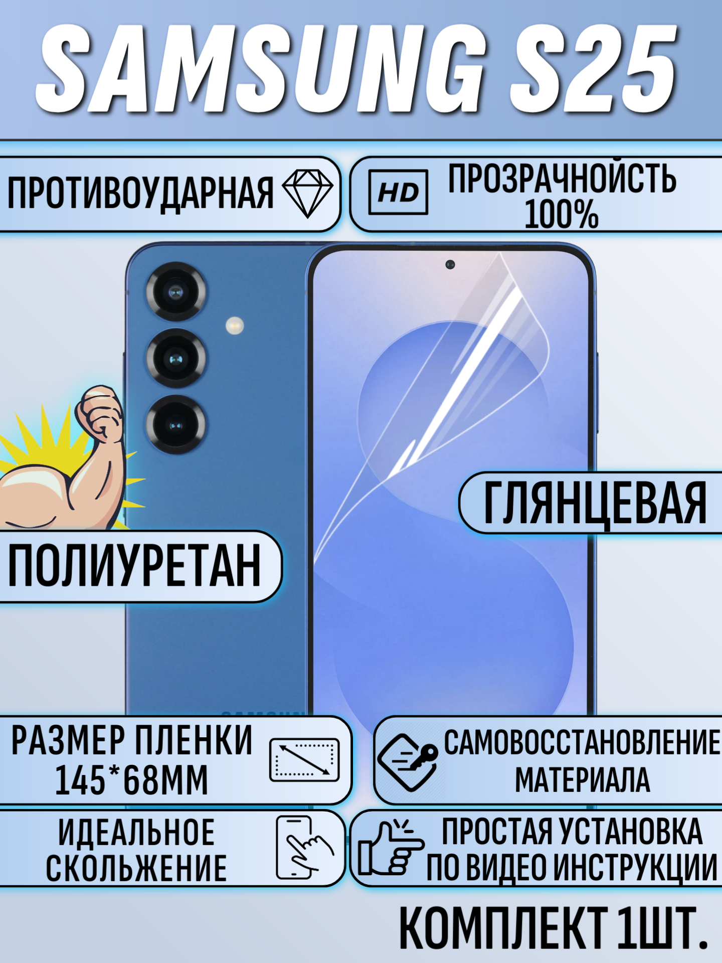 Гидрогелевая пленка Samsung Galaxy S25 глянцевая на весь экран 1 шт