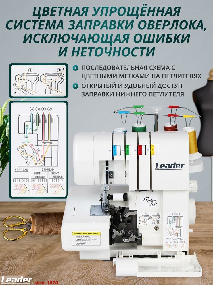 Оверлок Leader VS 310D, 4-/3-/2-ниточный, дифференциальная подача — фото 1