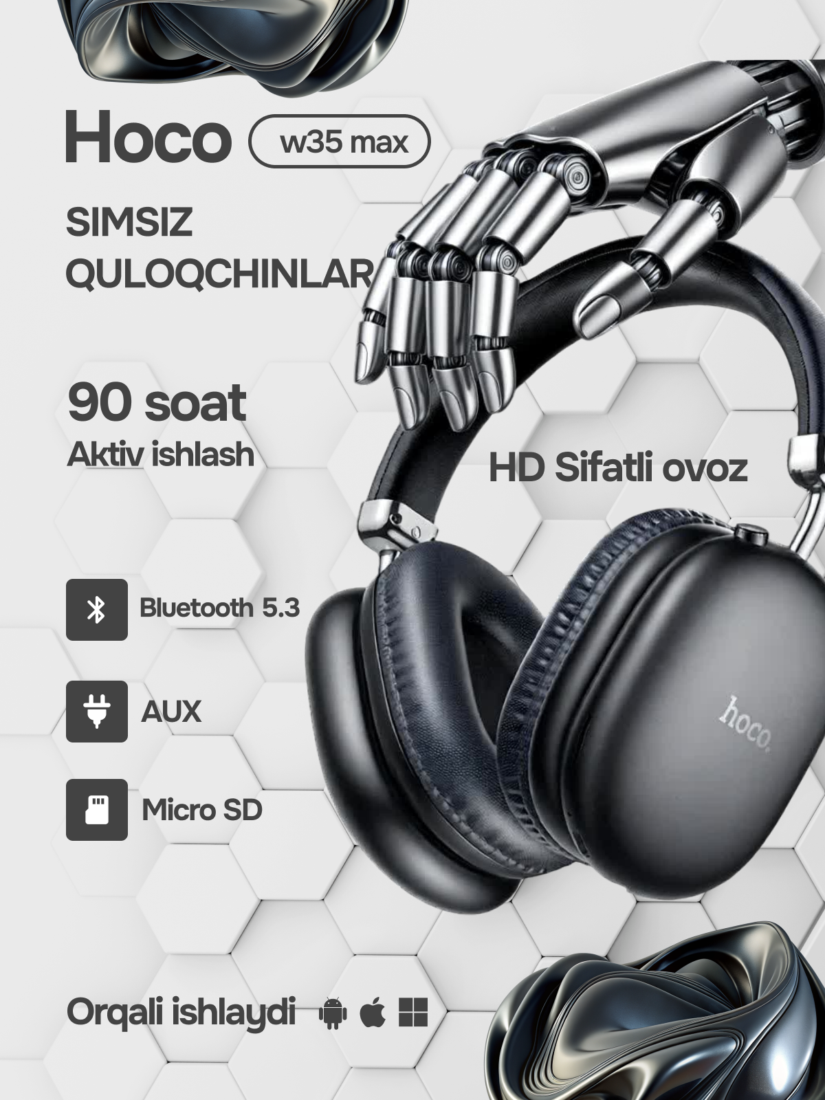 Беспроводные наушники Hoco W35 MAX ANC, с микрофоном, большие, полноразмерные, Qora