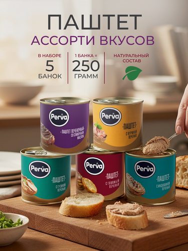 Изображение товара Ассорти набор паштетов Perva 250 гр ( масло, гусь, индейка, курица, говядина ) - 5 шт