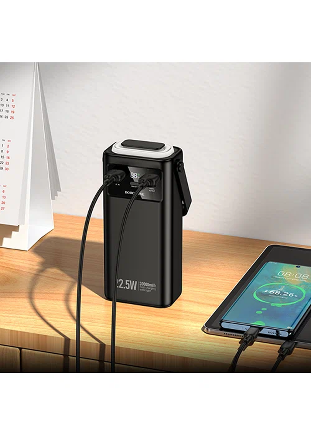 Внешний аккумулятор Borofone BJ65 30000 мАч с PD 20 Вт, 4 кабеля, телескопический фонарь, LED-индикатор