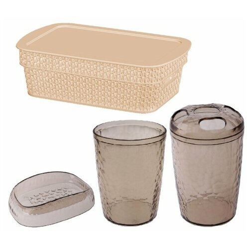 фото Набор для ванной: корзина ajur 3л с крышкой, мыльница, 2 стакана, слоновая кость branq