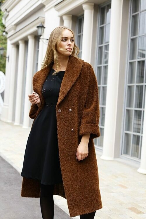Пальто-халат  демисезонное, демисезон/зима, шерсть, силуэт прямой, удлиненное, размер 44, коричневый