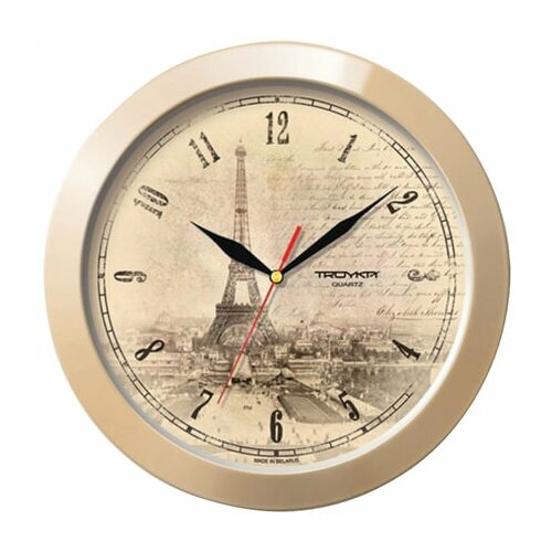 фото Часы настенные troyka 11135152, круг, бежевые с рисунком "париж", бежевая рамка, 29х29х3,5 см, 1 шт. тройка