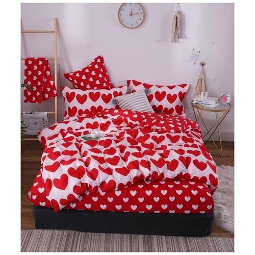 фото Комплект постельного белья mency house сердца на красном семейный, поплин, наволочки 50x70, 70х70
