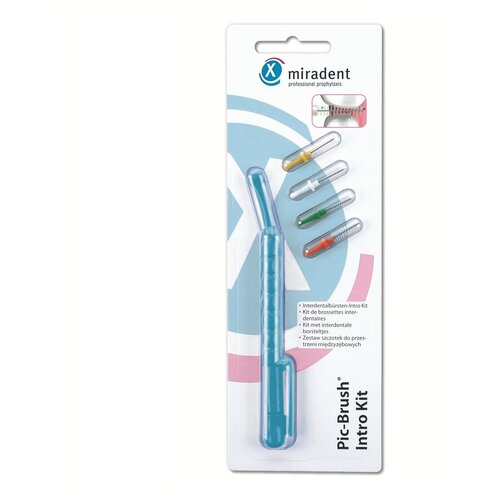 набор интердентальных цилиндрических ершиков 0 80мм wisdom proflex interdental brush green 0 80 25 pack Зубной ершик miradent Pic-Brush Intro Kit, голубой, 4 шт.