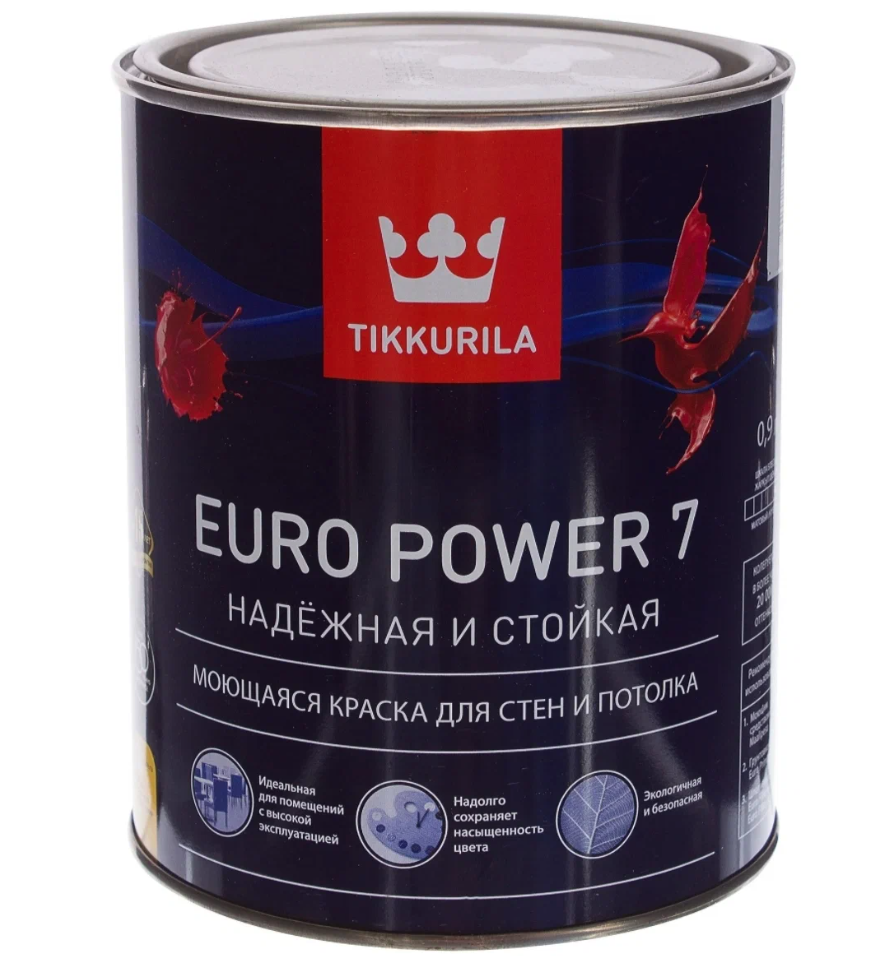 Tikkurila ВД краска интерьерная стойкая к мытью EURO POWER 7 А матовая 0,9 л