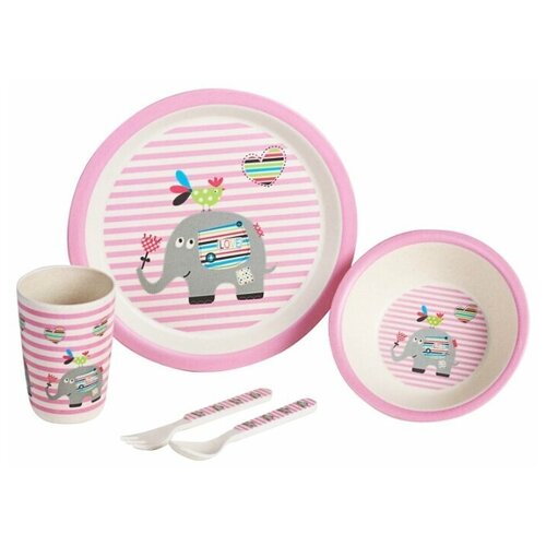 фото Набор детской посуды из бамбука «розовый слоник», 5 предметов: тарелка, миска, стакан, столовые приборы сима-ленд
