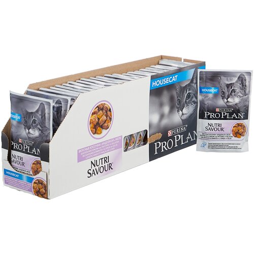 корм для кошек Pro Plan Nutrisavour Housecat, для живущих в помещении, с индейкой 24 шт. х 85 г (кусочки в желе) корм для взрослых кошек живущих дома purina pro plan nutri savour вкусные кусочки с индейкой в желе 85 г