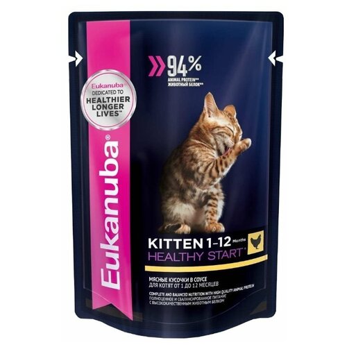 Влажный корм для котят Eukanuba Kitten Healthy Start, для здоровья кожи и блеска шерсти, c курицей, 12 шт. х 85 г (кусочки в соусе)
