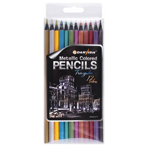 фото Darvish набор цветных карандашей с трёхгранным корпусом 12 цветов металик, 1шт