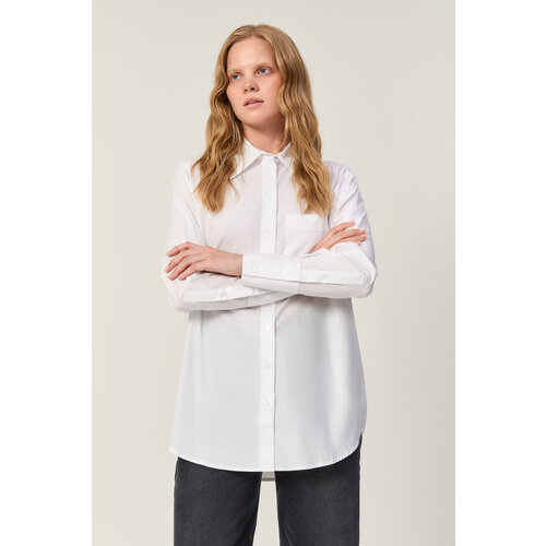 фото Блуза baon, классический стиль, свободный силуэт, длинный рукав, однотонная, размер s, белый