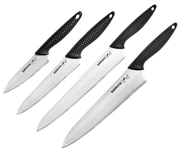 SG-0240ЭЛТ набор из 4-Х ножей SAMURA GOLF овощной, универсальный, слайсер, Шеф и электроточилка