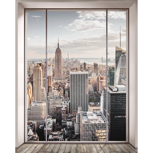 Моющиеся виниловые фотообои GrandPiK Нью-Йорк сквозь панорамное окно, 200х250 см