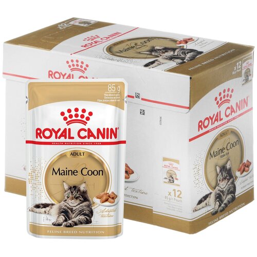 Влажный корм для взрослых кошек Royal Canin Мейн-кун, для здоровья кожи и блеска шерсти, мясное ассорти 12 шт. х 85 г (кусочки в соусе) влажный корм для взрослых кошек royal canin мейн кун для здоровья кожи и блеска шерсти мясное ассорти 10 шт х 85 г кусочки в соусе