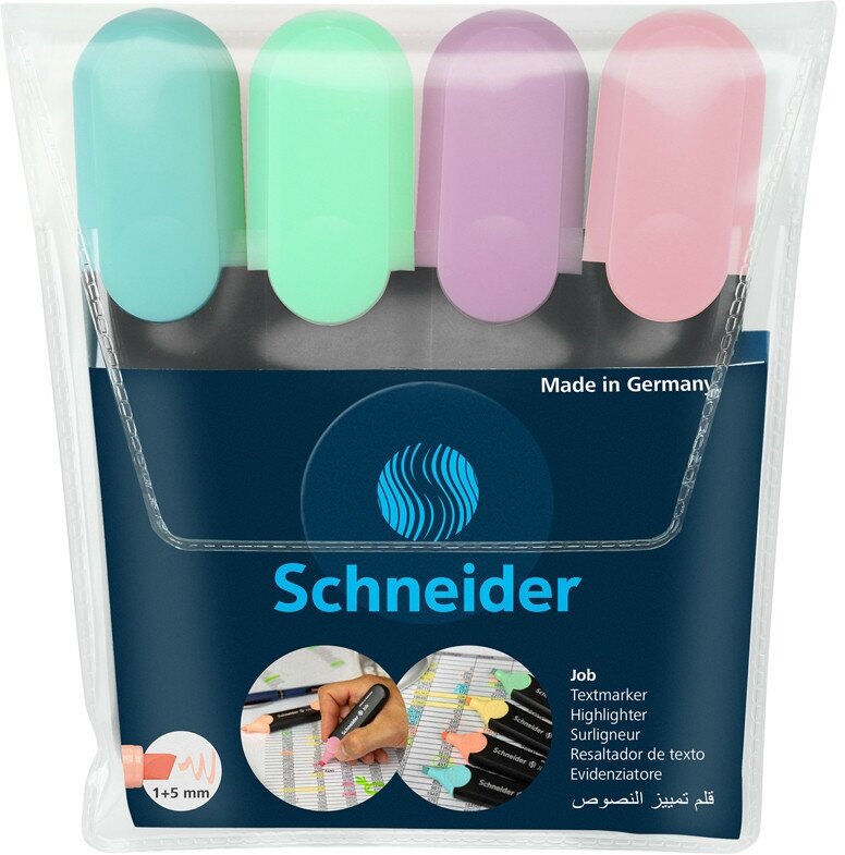 Набор текстовыделителей Schneider "Job" 04цв, пастельные ассорти, 1-5мм, прозрачный чехол/картонная упаковка, 293768