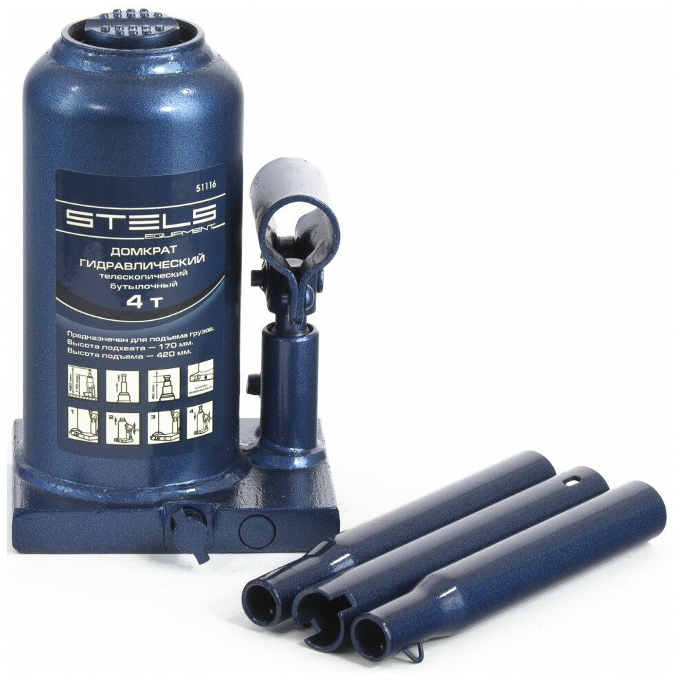 Домкрат гидравлический бутылочный телескопический, 4 т, H подъема 170-420 мм Stels (51116)