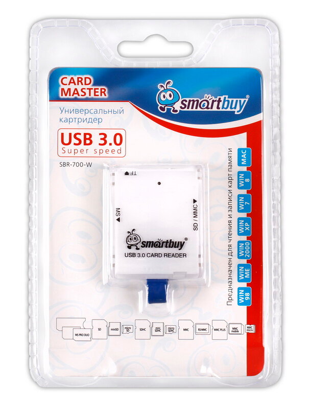 Картридер Smartbuy 700, USB 3.0 SD/microSD/MS, белый (SBR-700-W)