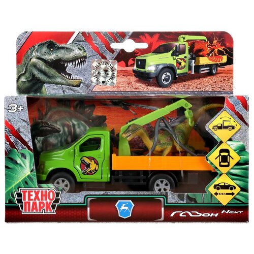 фото Машина технопарк металл, газон next эвакуатор, 14,5 см, двери, багажник, инерция, динозавр 9 см (sb-18-23-g+dino(wb))