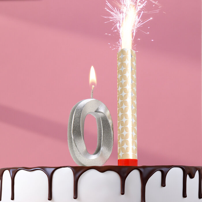 Страна Карнавалия Свеча в торт "Грань + фонтан", цифра "0", серебряный металлик, 6,5 см