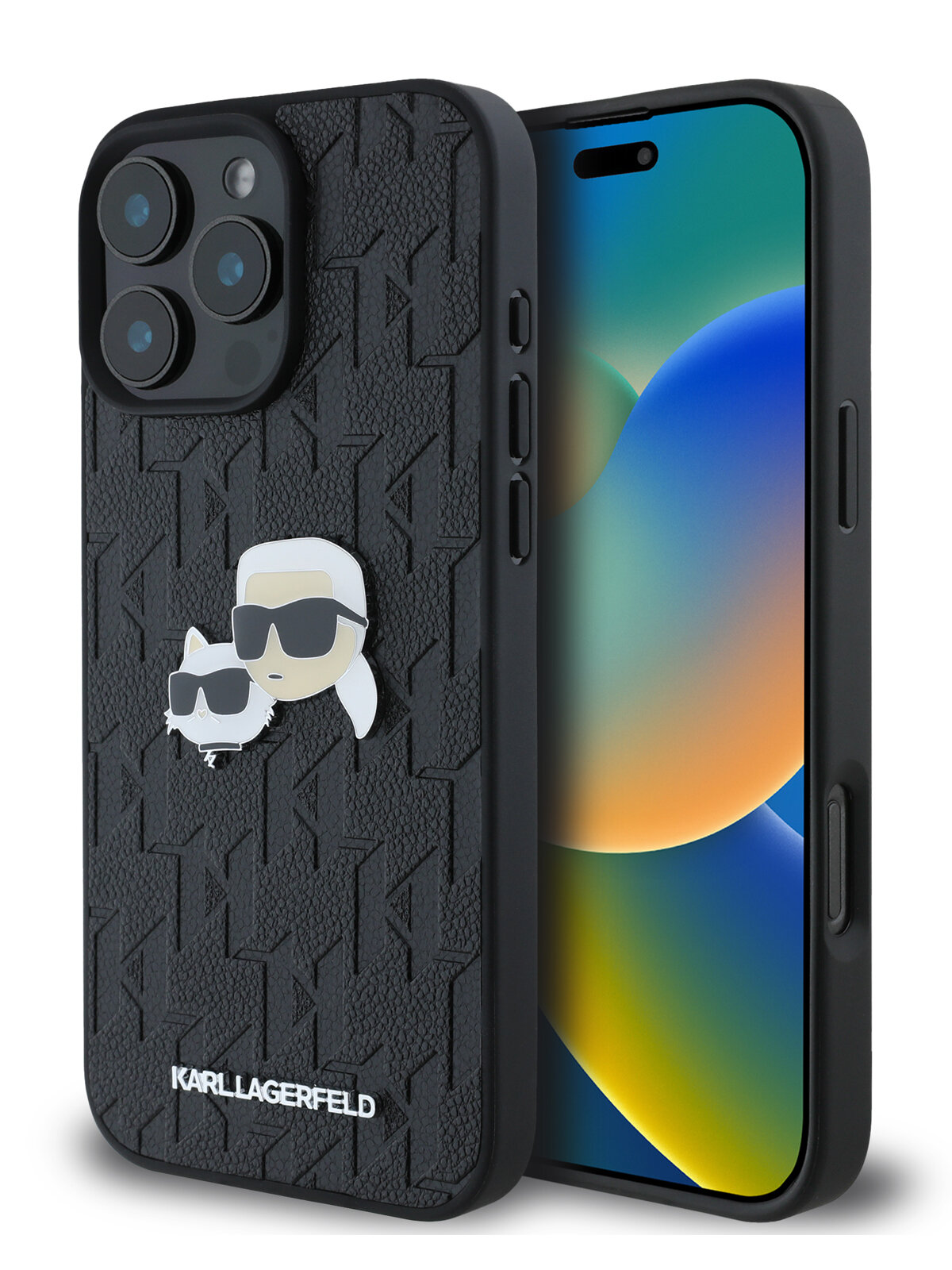 Lagerfeld для iPhone 16 Pro Max чехол PU Grained Monogram NFT Karl&Choupette metal Heads Hard Black — фото 1