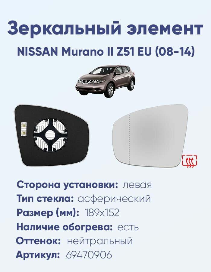 Зеркальный элемент левый NISSAN Murano II Z51 EU (08-14) асферика нейтральный с обогревом