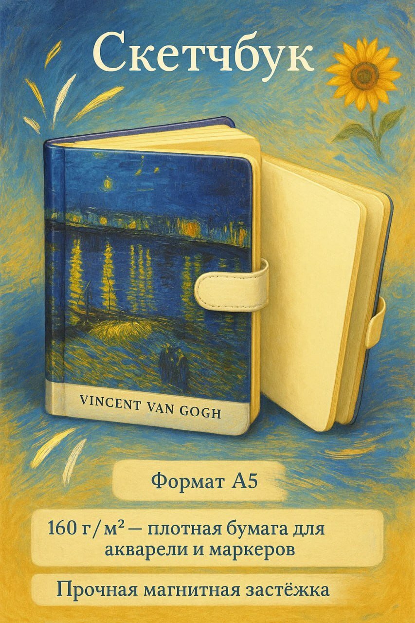 Скетчбук A5 Ван Гог — плотная бумага 160 г/м², магнитная застёжка