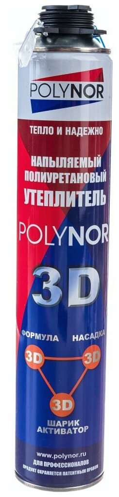 Полиуретановый утеплитель POLYNOR 3D, под пистолет, всесезонный, 890 мл - фотография № 3