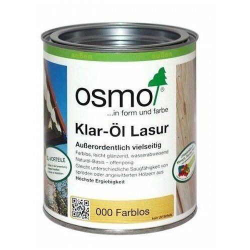 Прозрачная лазурь OSMO Klar-Öl Lasur, 000 Прозрачная шелковисто-матовая, 0,75л лазурь для наружных работ pinotex ultra lasur 1л бесцветный