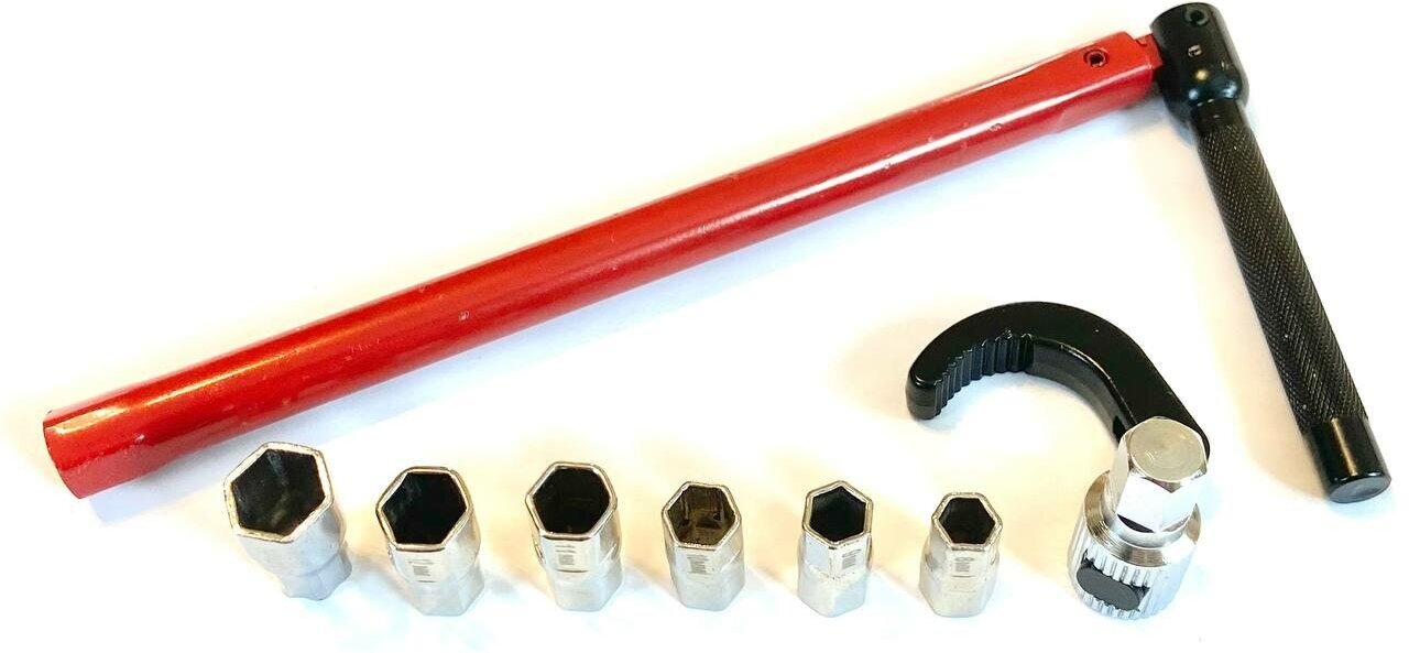 Торцевой ключ для смесителей GI-tools в наборе с 6 сквозными насадками (8-14мм) и "вороньим когтем" для больших диаметров
