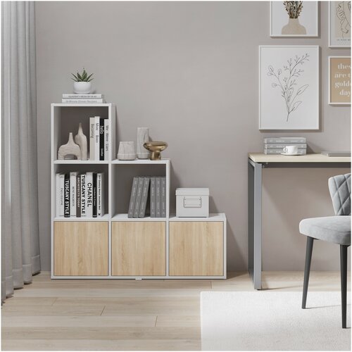 Стеллаж-5 Лайт, Белый, комплект с 3 фасадами Дуб Сонома, Ш104хВ104,4хГ25 см, 6 секций/ячеек, лесенкой, для кухни/детской комнаты/гостиной/офиса