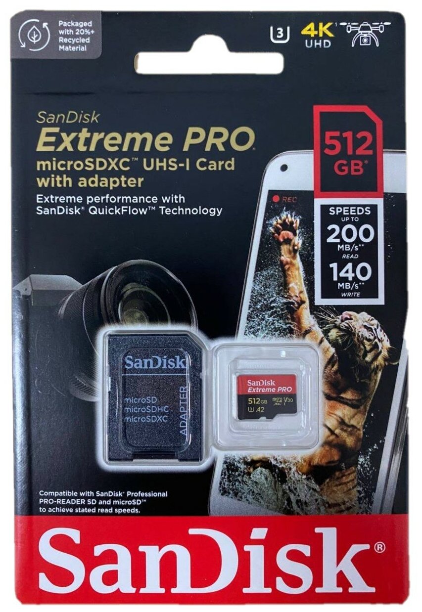 Карта памяти SanDisk Extreme PRO microSDXC 512 ГБ Class 10, V30, A2, UHS-I U3, R/W 200/140 МБ/с, адаптер на SD, 1 шт черный