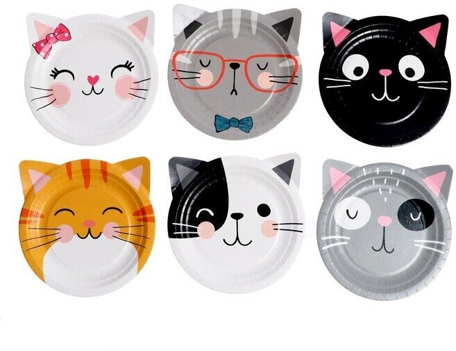 Набор бумажных тарелок «Кошки с ушками», в т/у плёнке, 6 шт, 18 см - фотография № 1