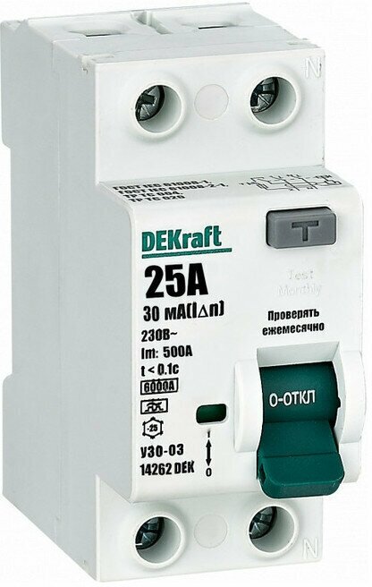 14262DEK Выключатель дифференциального тока DEKraft УЗО-03 2П 25А 30мА тип A, 6кА