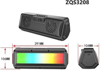 Колонка акустическая портативная ZQS3208 10Вт / Led подсветка/ Bluetooth/ FM/ TF card/ USB/ Вход AUX/ Стерео/ PMPO 25 Вт/ Цвет: Черный