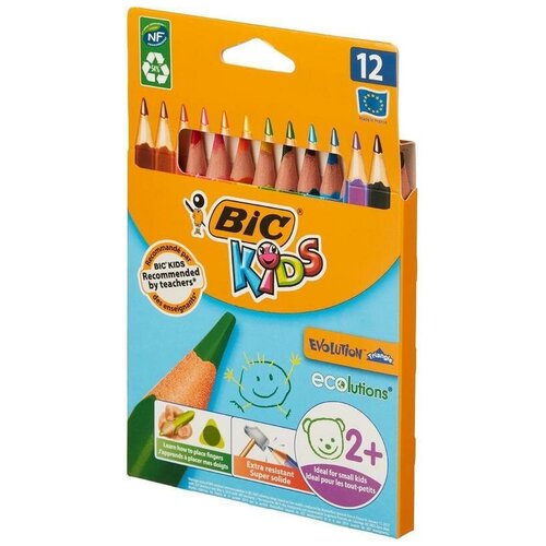 Карандаши цветные 12 цветов BIC Kids Evolution Triangle (L=175мм, D=10мм, d=4.3мм, 3гр, пластик) картонная упаковка (8297356), 12 уп.