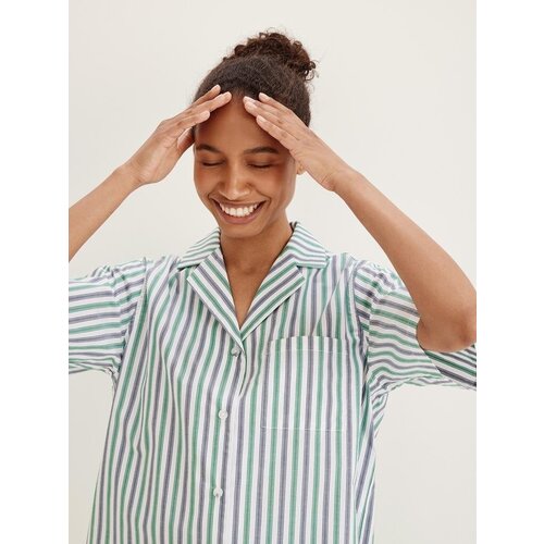 фото Рубашка chaika, повседневный стиль, свободный силуэт, короткий рукав, карманы, в полоску, размер m, зеленый, серый