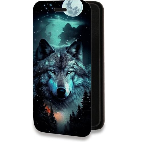 Дизайнерский горизонтальный чехол-книжка для Текно Спарк Го 2020 / Tecno Spark Go 2022 Волк и луна