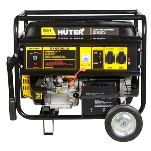 электрогенератор huter dy6500lx электростартер 5 5 5 квт 22 л 220 в Бензиновый генератор Huter DY6500LX с колёсами, (5500 Вт)