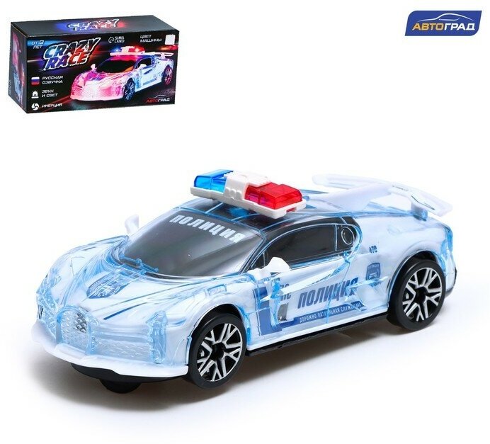 Машина «Crazy race. Полиция», русская озвучка, свет, работает от батареек, цвет белый